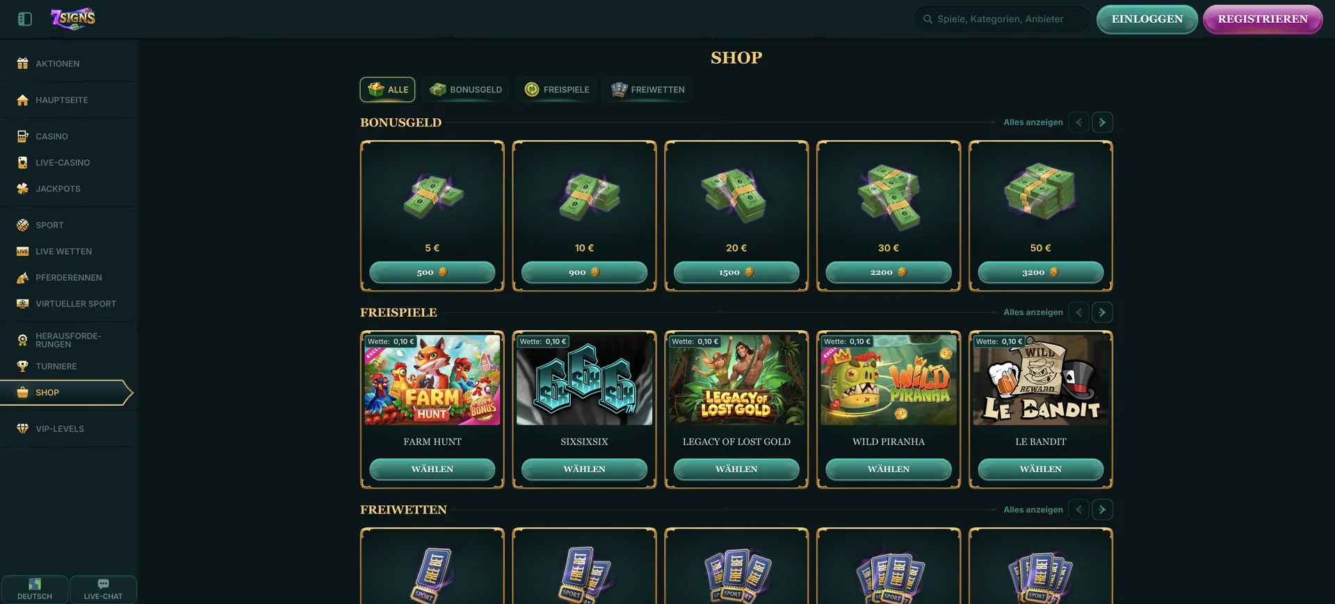 7Signs Casino Bonus ohne Einzahlung: Shop